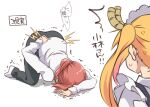  ! !! 2girls apron arm_behind_back back_pain blonde_hair check_commentary check_translation collared_shirt commentary_request dragon_girl dragon_horns gradient_hair hand_on_floor head_on_ground highres horns injury kobayashi-san_chi_no_maidragon kobayashi_(maidragon) kobayashi_sun_(artist) lightning_bolt_symbol long_hair maid maid_apron maid_headdress motion_lines multicolored_hair multiple_girls office_lady orange_hair pants ponytail puffy_short_sleeves puffy_sleeves red_hair shadow shaking shirt short_hair short_sleeves simple_background socks sweatdrop tohru_(maidragon) top-down_bottom-up translation_request twintails white_background white_shirt 