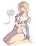  1girl barefoot blonde_hair blue_bra blue_panties bra breasts cagalli_yula_athha cleavage collarbone crossed_arms gundam gundam_seed gundam_seed_destiny jacket kneeling looking_to_the_side medium_breasts orange_eyes panties she_(morianosu) short_hair solo underwear white_background 