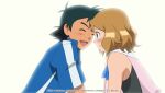  1boy 1girl :d ash_ketchum bangs bare_arms black_hair blue_eyes blue_jacket blue_ribbon blush closed_eyes closed_mouth commentary copyright_name from_side hetero jacket light_brown_hair looking_at_another medium_hair neck_ribbon noelia_ponce open_mouth pokemon pokemon_(anime) pokemon_xy_(anime) ribbon serena_(pokemon) shiny shiny_hair short_sleeves sleeveless smile tongue upper_body 