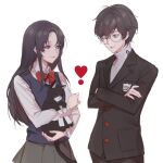  1boy 1girl amamiya_ren animal animal_hug bangs black_hair black_jacket bow brown_skirt cat check_commentary closed_mouth collared_shirt commentary commentary_request crossed_arms glasses grey_shirt heart highres holding holding_animal holding_cat jacket long_hair long_sleeves looking_at_another morgana_(persona_5) one_eye_closed original persona persona_5 pleated_skirt purple_eyes red_bow red_neckwear shirt short_hair simple_background skirt smile tanu0706 vest 