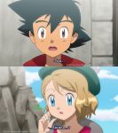  1boy 1girl anime_coloring ash_ketchum bangs black_hair blue_eyes brown_eyes character_name cloud commentary commission cosplay day english_commentary eyelashes fake_screenshot gloria_(pokemon) gloria_(pokemon)_(cosplay) green_headwear hair_between_eyes hand_up hat light_brown_hair noelia_ponce official_style open_mouth outdoors pokemon pokemon_(anime) pokemon_(game) pokemon_swsh pokemon_xy_(anime) red_shirt serena_(pokemon) shiny shiny_hair shirt sky subtitled tam_o&#039;_shanter tongue upper_teeth victor_(pokemon) victor_(pokemon)_(cosplay) watermark 