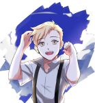  1boy alphonse_elric backlighting bangs blonde_hair blue_background blue_sky child cloud cloudy_sky collared_shirt day eyebrows_visible_through_hair fullmetal_alchemist hands_up happy high_collar looking_at_viewer male_focus open_mouth shin_(shinobu612) shirt short_sleeves simple_background sky smile suspenders swept_bangs teeth tongue tsurime two-tone_background upper_body upper_teeth white_shirt wide_sleeves yellow_eyes 