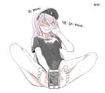  absurdres bare_legs barefoot beret biting blush cellphone covered_eyes covered_nipples feet girls&#039;_frontline grey_headwear grey_shirt hand_over_face hand_up hat highres huqu lip_biting mdr_(girls&#039;_frontline) multicolored_hair naked_shirt one_side_up phone phone_screen pink_hair recording selfie shirt simple_background sitting smartphone soles spread_legs streaked_hair sweat toes v v_over_eye white_background 