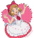  1girl :d apron bangs bare_arms blue_eyes blush bow commentary cosplay dress english_commentary eyebrows_visible_through_hair eyelashes frills hair_bow hands_up heart korekara_no_someday light_brown_hair looking_at_viewer love_live! neck_ribbon noelia_ponce open_mouth outline pink_bow pokemon pokemon_(anime) pokemon_xy_(anime) ribbon serena_(pokemon) shiny shiny_hair short_hair sleeveless smile solo tongue white_apron yazawa_nico yazawa_nico_(cosplay) 