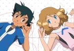  1boy 1girl ash_ketchum bangs black_hair black_shirt blue_eyes blue_jacket blue_ribbon blush brown_eyes closed_mouth collared_jacket commentary english_commentary eyelashes hands_up jacket light_brown_hair lying mouth_hold noelia_ponce on_back pokemon pokemon_(anime) pokemon_xy_(anime) ribbon serena_(pokemon) shiny shiny_hair shirt short_sleeves sleeveless smile string_around_finger upper_body 