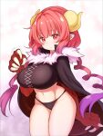 1girl bare_legs blush breasts cape claws dragon_claw dragon_girl dragon_horns dragon_tail eyebrows_visible_through_hair groin highres horns huge_breasts ilulu_(maidragon) kobayashi-san_chi_no_maidragon long_hair low_twintails motion_lines navel pointy_ears red_eyes red_hair slit_pupils solo tail tatsuhiko twintails 