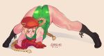  1girl arm_rest ass beret blonde_hair blue_eyes bodypaint boots braid cammy_white camouflage flexible full_body gloves green_leotard hat highleg highleg_leotard highres jack-o&#039;_challenge leotard meme norasuko pose scar simple_background solo spread_legs street_fighter street_fighter_ii_(series) stretch top-down_bottom-up twin_braids white_background wide_spread_legs 
