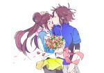  1boy 1girl black_legwear blue_eyes bodysuit bouquet bow brown_hair closed_eyes commentary_request eyelashes flower forehead_kiss hagetapo heart hetero jacket kiss legwear_under_shorts long_hair nate_(pokemon) open_mouth pantyhose petals pink_bow pink_ribbon pokemon pokemon_(game) pokemon_bw2 raglan_sleeves ribbon rosa_(pokemon) short_shorts short_sleeves shorts twintails yellow_shorts 