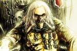  1boy armor blood blood_bag bottle chain commentary_request immortan_joe long_hair looking_at_viewer mad_max mad_max:_fury_road male_focus mask medal mouth_mask old old_man otemoto_(baaaaloooo) skull solo upper_body white_hair 