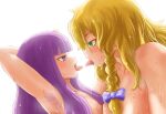  2girls armpit_hair arms_up bangs blonde_hair blue_bow blunt_bangs blush bow braid colored_armpit_hair commentary_request completely_nude cookie_(touhou) hair_between_eyes hair_bow imminent_kiss kirisame_marisa long_hair looking_at_another mars_(cookie) multiple_girls nude open_mouth otemoto_(baaaaloooo) patchouli_knowledge purple_eyes purple_hair side_braid simple_background single_braid sweat taisa_(cookie) tongue tongue_out touhou upper_body white_background yuri 