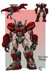  autobot blue_eyes character_name english_commentary highres looking_to_the_side mecha multiple_views no_humans open_mouth optimus_prime redesign science_fiction sharp_teeth teeth tongue tongue_out transformers tyrannosaurus_rex ultrafpc 