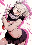  1girl blonde_hair blood blush boku_no_hero_academia cardigan double_bun fangs highres knife looking_at_viewer messy_hair open_mouth pink_blood pleated_skirt riku_(ukir125) sailor_collar school_uniform serafuku shiny shiny_skin short_hair skirt smile solo teeth toga_himiko yellow_eyes 