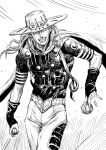  1boy ball cape facial_mark fingernails goggles goggles_on_headwear greyscale grin gyro_zeppeli hat highres holding holding_ball jojo_no_kimyou_na_bouken long_hair looking_at_viewer male_focus monochrome pants shirt smile solo standing steel_ball_run wide-eyed y_naf 