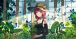  1girl breasts bug butterfly byocho cleavage day flower greenhouse leaf looking_at_viewer original pink_hair plant potted_plant scenery smile solo sunlight tree window 