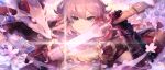  1girl absurdres alchemy_stars bangs black_gloves cherry_blossoms closed_mouth coat coat_on_shoulders commentary_request dragon glint gloves highres hiiro_(alchemy_stars) holding holding_sheath holding_sword holding_weapon huge_filesize katana looking_at_viewer mike_(mike-neko-chip) pink_eyes pink_hair rope sarashi sheath shimenawa short_hair solo sparkle sword unsheathing upper_body vambraces weapon 