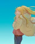  1girl blonde_hair blush closed_eyes coat fullmetal_alchemist hand_on_own_face highres jewelry looking_at_viewer ohs8zaf3j5 ring simple_background smile solo wedding_ring wind winry_rockbell 