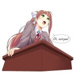  1girl arm_support bow brown_hair collared_shirt desk doki_doki_literature_club elchrissenpai english_commentary english_text eyebrows_visible_through_hair from_below green_eyes hair_bow long_hair long_sleeves md5_mismatch monika_(doki_doki_literature_club) neck_ribbon open_mouth red_ribbon resolution_mismatch ribbon self_upload shirt solo source_smaller speech_bubble transparent_background upper_body upper_teeth white_bow 