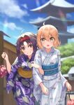  2girls absurdres ahoge bangs black_ribbon blonde_hair blurry blurry_background blush brown_eyes castle commentary_request commission crossover day depth_of_field fate/grand_order fate_(series) floral_print grin hairband highres holding japanese_clothes kimono locked_arms matsuba_moco multiple_girls obi okita_souji_(fate) okita_souji_(fate)_(all) open_mouth outdoors parted_bangs pouch print_kimono purple_hair purple_kimono red_eyes red_hairband ribbon sash skeb_commission smile sword_art_online white_kimono yukata yuuki_(sao) 