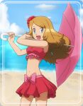  1girl :d bad_proportions bare_arms beach blonde_hair blue_eyes cloud commentary day english_commentary eyebrows_visible_through_hair eyelashes framed holding navel noelia_ponce open_mouth outdoors pink_umbrella pokemon pokemon_(anime) pokemon_xy_(anime) red_skirt sand serena_(pokemon) shore skirt sky smile solo swimsuit tongue umbrella upper_teeth water 