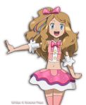  1girl :d blue_eyes bow bowtie buttons commentary earrings english_commentary eyebrows_visible_through_hair eyelashes hair_bow jewelry light_brown_hair long_hair navel noelia_ponce open_mouth outstretched_arm pink_bow pink_legwear pokemon pokemon_(anime) pokemon_xy_(anime) ribbon serena_(pokemon) skirt smile solo thighhighs tongue upper_teeth 