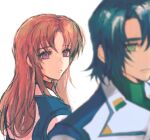  1boy 1girl athrun_zala bangs blue_hair blurry blurry_foreground brown_hair genderswap genderswap_(mtf) green_eyes gundam gundam_seed gundam_seed_destiny hair_behind_ear kira_yamato military military_uniform parted_bangs parted_lips purple_eyes she_(morianosu) uniform white_background 