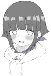  1girl bangs blunt_bangs blush eyebrows_visible_through_hair forehead_protector grey_eyes hood hood_down hyuuga_hinata konohagakure_symbol looking_at_viewer lower_teeth monochrome mushoku_loli naruto naruto_(series) open_mouth shiny shiny_hair short_hair simple_background solo sweat white_background 