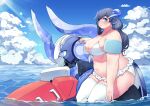  1girl absurdres animal_ears bangs bikini blue_eyes blue_horns blue_sky blush breasts cleavage cloud cloudy_sky collarbone commentary_request day eyebrows_visible_through_hair fat feet_out_of_frame frilled_bikini_bottom from_side grey_hair hair_over_shoulder highres horns long_hair looking_at_viewer looking_to_the_side mecha navel original outdoors parted_lips partially_submerged shadow sitting sky solo sun swimsuit tajyador thick_eyebrows thighhighs water wet white_bikini white_legwear 