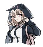  1girl backpack bag bangs black_jacket black_shirt breasts cropped_torso danganronpa_(series) danganronpa_2:_goodbye_despair dress_shirt eyebrows_visible_through_hair flipped_hair hand_up highres hood hood_up hoodie jacket large_breasts long_sleeves looking_at_viewer nanami_chiaki neck_ribbon no_(xpxz7347) no_hair_ornament open_clothes open_jacket pink_eyes pink_hair pink_ribbon ribbon shirt simple_background solo two-tone_shirt upper_body white_background white_shirt 