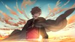  1boy :d brown_cape cape closed_eyes cloud ethan_the_exiled_hero facial_hair facing_viewer glint kai28 lens_flare male_focus open_mouth outdoors pixiv_fantasia pixiv_fantasia_last_saga short_hair smile solo stubble sunlight sunrise wind 