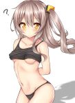  1girl ? areola_slip areolae arms_behind_back bangs bare_legs bare_shoulders black_camisole black_panties blush breasts camisole closed_mouth collarbone commentary_request cowboy_shot eyebrows eyebrows_visible_through_hair eyes_visible_through_hair from_side girls&#039;_frontline grey_hair highres kurokaze long_hair looking_at_viewer messy_hair midriff navel nipples panties ponytail scar scar_across_eye side_ponytail sidelocks simple_background small_breasts solo ump45_(girls&#039;_frontline) underwear white_background yellow_eyes 