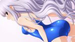  1girl absurdres ass azmaria_hendric brown_eyes chrono_crusade commentary_request competition_school_swimsuit cowboy_shot from_behind highres long_hair looking_at_viewer open_mouth school_swimsuit sideways silver_hair simple_background solo sugimura_tomokazu swimsuit white_background 