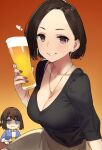  2girls 92m :i absurdres alcohol beer beer_mug black_shirt blue_eyes blush breasts brown_eyes brown_hair chibi chibi_inset cleavage collarbone cup douki-chan_(yomu_(sgt_epper)) earrings fingernails ganbare_douki-chan gradient gradient_background heart highres holding holding_cup hoop_earrings jewelry large_breasts long_fingernails looking_at_viewer low_neckline mug multiple_girls nail_polish necklace okuzumi_maiko orange_background parted_lips purple_nails shirt short_hair short_sleeves sitting smile 