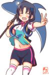  1girl alternate_costume artist_logo blue_hair closed_eyes cosplay cowboy_shot dated delphinium_(flower_knight_girl) delphinium_(flower_knight_girl)_(cosplay) dolphin flower_knight_girl kanon_(kurogane_knights) kantai_collection kneehighs long_hair low_twintails one-hour_drawing_challenge open_mouth ribbon shirt shorts simple_background socks solo suzukaze_(kancolle) twintails v white_background white_legwear 
