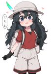  alternate_hairstyle backpack bag beige_shorts black_gloves black_hair black_legwear blue_eyes blush commentary_request cowboy_shot curly_hair eyebrows_visible_through_hair gloves helmet highres kaban_(kemono_friends) kemono_friends long_hair pantyhose pith_helmet ransusan red_shirt shirt short_sleeves t-shirt translated 