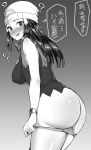  1girl ? ass bare_arms bare_shoulders beanie blush breasts cowboy_shot dawn_(pokemon) embarrassed from_side gradient gradient_background greyscale hat highres hotate-chan large_breasts long_hair looking_at_viewer looking_to_the_side monochrome no_pants open_mouth panties panty_pull pokemon pokemon_(game) pokemon_dppt pulled_by_self pussy_juice raised_eyebrows scarf shirt sleeveless sleeveless_shirt solo standing sweat translation_request underwear 