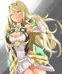  1girl absurdres bangs bare_legs bare_shoulders blonde_hair breasts chest_jewel cleavage cleavage_cutout clothing_cutout dress earrings elbow_gloves gloves highres jewelry large_breasts long_hair mythra_(xenoblade) shiroxai short_dress swept_bangs thigh_strap tiara very_long_hair white_dress white_gloves xenoblade_chronicles_(series) xenoblade_chronicles_2 yellow_eyes 