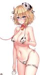  1girl absurdres animal_ears animal_print azur_lane bangs bell bikini blonde_hair blush breast_squeeze breasts collar covered_nipples cow_ears cow_horns cow_print cowbell cowboy_shot cup drooling english_commentary eyebrows_visible_through_hair hair_between_eyes hair_ornament hair_ribbon heart heart-shaped_pupils highres holding holding_cup horns large_breasts leash lilac_(k32420276) looking_ahead micro_bikini milk navel neck_bell open_mouth ribbon saliva side-tie_bikini simple_background slave solo spilled_milk strap_gap swimsuit symbol-shaped_pupils thigh_strap white_background z23_(azur_lane) 