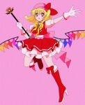  1990s_(style) 1girl blonde_hair boots bow cardcaptor_sakura crystal dress eyebrows_visible_through_hair film_grain flandre_scarlet footwear_bow frilled_skirt frills gem gloves hanadi_detazo hat high_heel_boots high_heels highres magical_girl mob_cap open_mouth puffy_short_sleeves puffy_sleeves red_bow red_eyes red_skirt red_vest retro_artstyle ribbon shirt short_hair short_sleeves side_ponytail simple_background skirt solo staff touhou translation_request vest white_gloves white_shirt wings yellow_bow yellow_neckwear 
