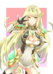 1girl bangs bare_legs bare_shoulders blonde_hair breasts chest_jewel cleavage cleavage_cutout clothing_cutout dress earrings elbow_gloves gloves highres jewelry large_breasts long_hair mythra_(xenoblade) shiroxai short_dress swept_bangs thigh_strap tiara very_long_hair white_dress white_gloves xenoblade_chronicles_(series) xenoblade_chronicles_2 yellow_eyes 