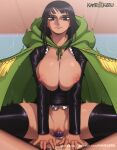  1girl arm_support artist_name assertive_female bangs black_hair black_jacket black_legwear bottomless breast_squeeze breasts cape censored closed_mouth collarbone colored_pubic_hair cowgirl_position expressionless girl_on_top green_eyes groin hetero hood hood_down hooded_cape huge_breasts jacket kameseru long_hair long_sleeves looking_at_viewer male_pubic_hair mosaic_censoring motion_blur nico_robin nipples no_bra one_piece partially_unzipped penis pov pubic_hair pussy sex shiny shiny_clothes skindentation solo_focus sparse_pubic_hair spread_legs straddling tan thighhighs vaginal watermark web_address zipper 