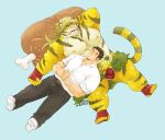  2boys animal_ears bara bare_pectorals belly black_pants blonde_hair bulge fangs fingerless_gloves food full_body furry furry_male gakei3 gloves large_pectorals macan_(tokyo_houkago_summoners) male_focus master_3_(tokyo_houkago_summoners) meat multiple_boys muscular muscular_male nipples oversized_food own_hands_together pants partially_unbuttoned pectorals plump shirt short_hair sideburns sleeping sleeping_on_person socks thick_eyebrows tiger_boy tiger_ears tokyo_houkago_summoners white_shirt yellow_fur 