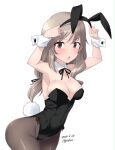  1girl animal_ears artist_name black_legwear black_leotard blonde_hair blush breasts cleavage covered_navel dated eyebrows_visible_through_hair fake_animal_ears fake_tail girls_und_panzer grey_eyes highres kuzuryuu_kennosuke large_breasts leotard long_hair looking_at_viewer open_mouth pantyhose playboy_bunny rabbit_ears rabbit_tail shimada_chiyo shiny shiny_hair shiny_skin simple_background solo sweat tail white_background 