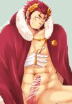 1boy abs bara bare_pectorals blush cape claude_(tokyo_houkago_summoners) erection facial_hair fur-trimmed_cape fur_trim gakei3 gloves goatee hood hooded_cape laurel_crown long_sideburns looking_at_viewer male_focus mature_male muscular muscular_male naked_cape naughty_face nipples pectorals penis red_cape red_hair scribble short_hair sideburns solo spread_legs stomach thick_eyebrows tokyo_houkago_summoners white_gloves 
