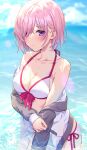  1girl beach bikini blue_sky blurry blurry_background blush breasts cleavage day depth_of_field fate/grand_order fate_(series) hair_over_one_eye highres hood hoodie jacket kuroki_(ma-na-tu) light_purple_hair looking_at_viewer mash_kyrielight medium_breasts off_shoulder outdoors partially_submerged purple_eyes revision short_hair sky solo swimsuit swimsuit_of_perpetual_summer water wet wet_hair white_bikini white_swimsuit 
