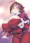  1girl ahoge areola_slip areolae belt breasts brown_belt brown_hair capelet cleavage cleavage_cutout clothing_cutout cowboy_shot dress fur-trimmed_capelet fur_trim hair_ornament hair_ribbon hairclip highres huge_breasts kantai_collection long_hair mamiya_(kancolle) rampage_2nd red_dress red_eyes red_ribbon ribbon solo 