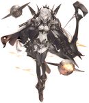  1girl abyssal_ship armor black_cape bow_(weapon) breasts cape enemy_aircraft_(kancolle) european_armored_aircraft_carrier_princess full_body gauntlets glowing glowing_eye highres holding holding_bow_(weapon) holding_weapon kantai_collection konishi_(koconatu) large_breasts long_hair official_art pale_skin parted_lips quiver solo torn_cape torn_clothes transparent_background weapon white_hair yellow_eyes 
