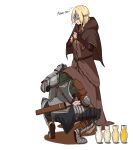  1boy 1girl absurdres armor arrow_(projectile) ashen_one_(dark_souls_3) barefoot blindfold blonde_hair blush brown_dress brown_skirt capelet character_name crown dark_souls_(series) dark_souls_iii dress drinking_pee elbow_pads enpera estus_flask fire_keeper flying_sweatdrops full_armor gauntlets highres hood hood_down hooded_capelet huqu long_skirt long_sleeves metal_boots pee quiver simple_background skirt tiptoes under_dress white_background 