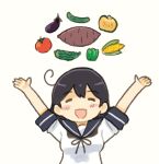  1girl ahoge bell_pepper bitter_melon black_hair blue_sailor_collar closed_eyes commentary corn cucumber date_pun eggplant food kantai_collection long_hair lowres number_pun outstretched_arms pepper saiguchi_otoufu sailor_collar school_uniform serafuku simple_background solo squash sweet_potato tomato upper_body ushio_(kancolle) white_background 