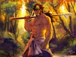  1boy abs bara bare_pectorals blush character_request clothes_around_waist facial_hair feet_out_of_frame forest goatee holding holding_polearm holding_spear holding_weapon jacket jacket_around_waist japanese_clothes kimono long_hair long_sideburns lrpanda00 male_focus mature_male muscular muscular_male nature navel navel_hair nipples open_clothes open_kimono over_shoulder pectorals polearm sangokushi_puzzle_taisen sideburns solo spear stomach sunset sweat thick_thighs thighs trident weapon weapon_over_shoulder 