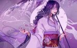 1girl artist_name bangs braid breasts cleavage commentary english_commentary fingernails holding holding_umbrella japanese_clothes kimono large_breasts long_fingernails long_hair long_sleeves looking_at_viewer obi obiage obijime open_mouth parted_lips purple_background purple_eyes purple_hair purple_nails raiden_shogun sash simple_background solo tassel tree umbrella vacuumchan wide_sleeves 